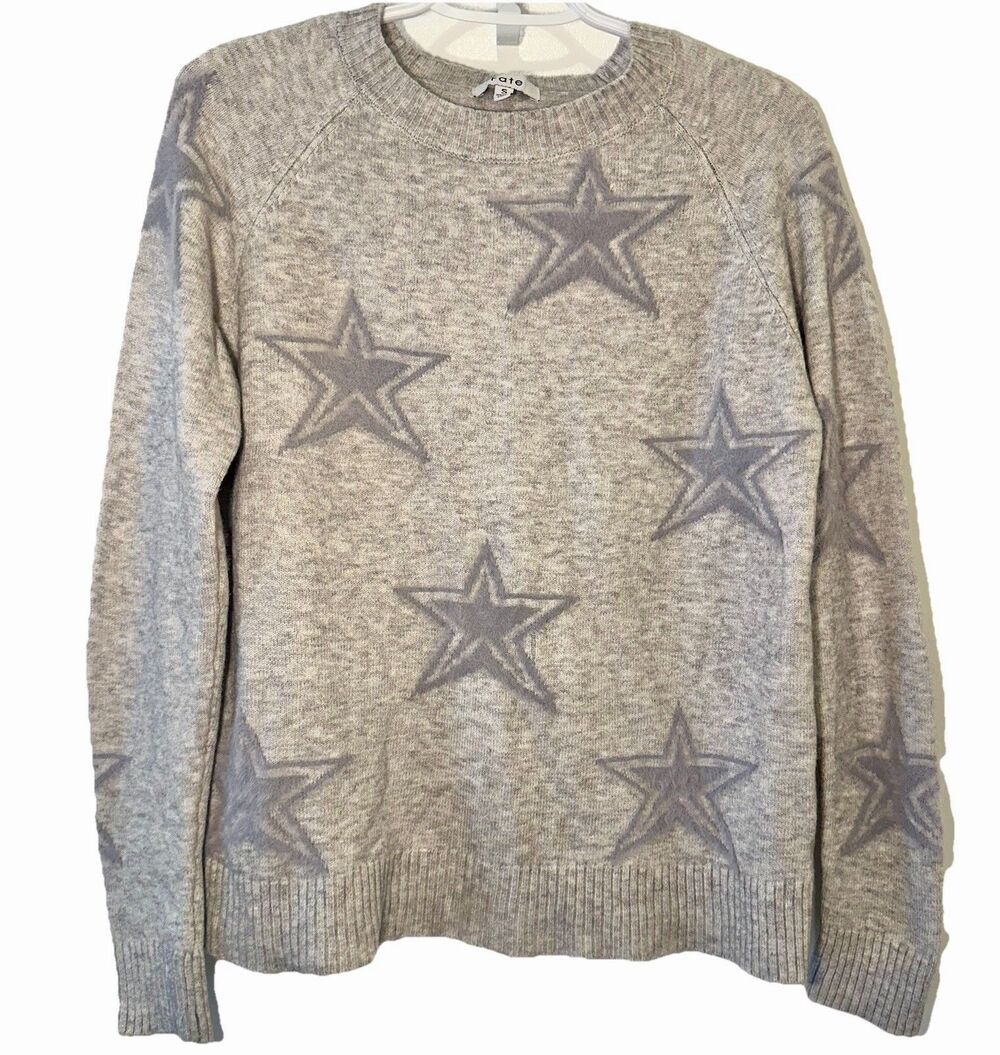 Fate Gray Star Print Crewneck Sweater Women Small Raglan Sleeve Soft Knit